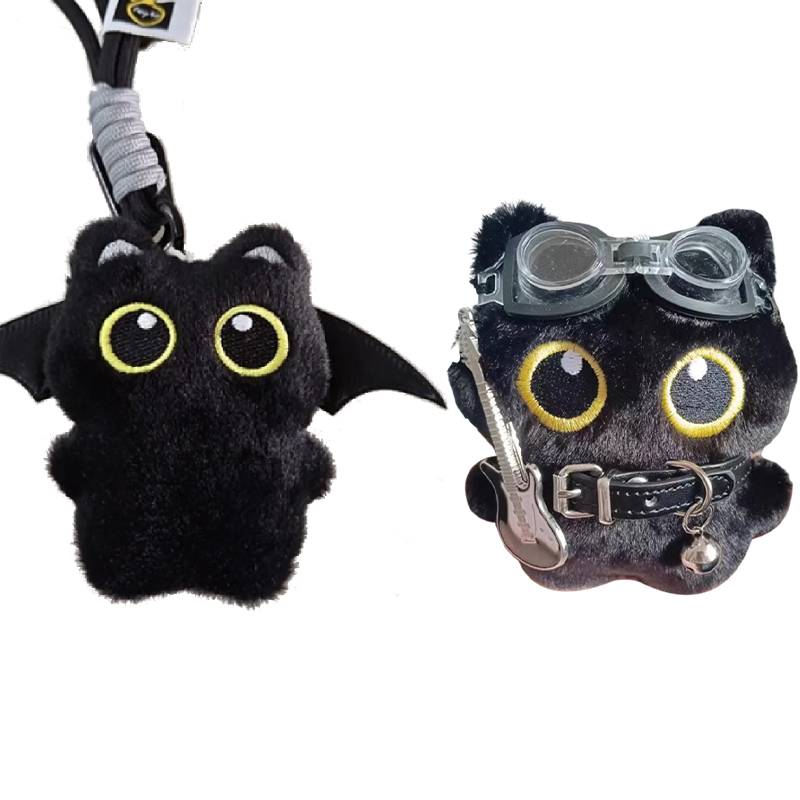 Cute Cartoon Black Cat Keychain Bag Pendant Backpack Hanging Ornaments Lovely Cat Doll With Camera Animal Car Keyring Kids Gift