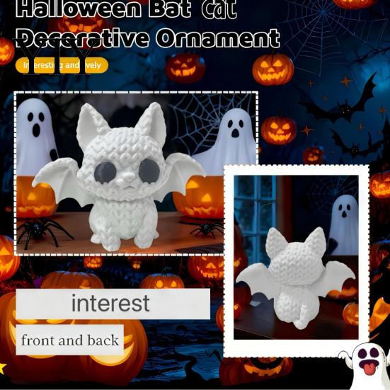 Lifelike Knitted Bat Figure Festive Halloween Ornament, Texture Cat Design Figure, Ornament Mini Size Sculpture for Party Desk Shelf Decor White