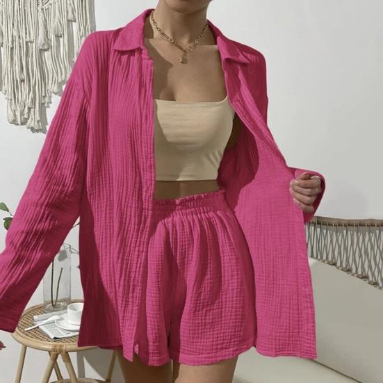 2 шт./компл., женская рубашка, комплект с шортами, однотонная однобортная блузка с длинными рукавами и воротником с лацканами, высокая талия, свободная выше