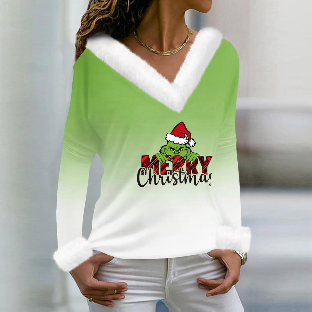 Женская футболка, рождественская рубашка с длинным рукавом, вечерние, рождественский флисовый воротник, топ с v-образным вырезом