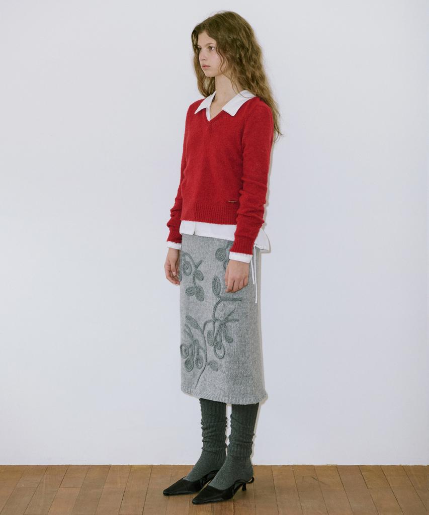 SINOON Hairy Boucle V-Neck Knit (Red)