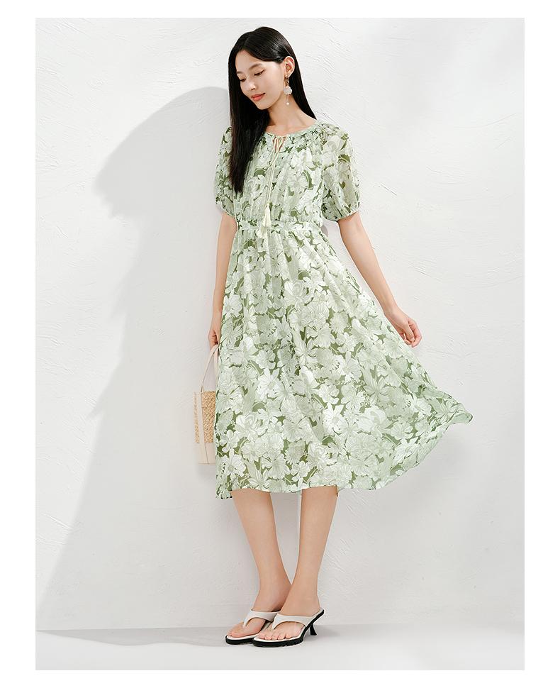 Jiuzi Anna Kou Elegant and Fresh Plant Printed Chiffon Waist Dress for Women 2025 Summer New Style
