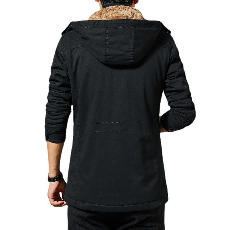 Новая осенне-зимняя мужская куртка средней длины, ветровка из чистого хлопка с капюшоном, деловая повседневная верхняя куртка большого размера, утолщенная бархатная куртка