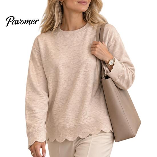 Daily Wear Sweatshirt Women Crewneck with Scalloped Hem, Solid Color Long Sleeve Autumn Top Hem Pullover Top, Drop Shoulder Casual Blouse for