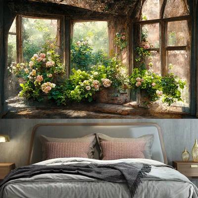 Ретро подоконник с цветочным рисунком, настенная подвеска для комнаты, художественное украшение, хиппи, богемная гостиная, кровать для дома