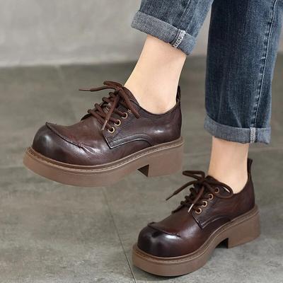 Туфли-лодочки из натуральной кожи на толстом каблуке со шнуровкой, универсальные женские туфли ручной работы на каблуке в стиле ретро с круглым носком