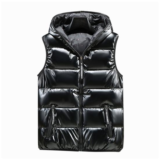 Autumn Winter Men Vest Cotton Padded Hood Solid Color Plus Size Bright Surface Thickened Jacket Streetwear
