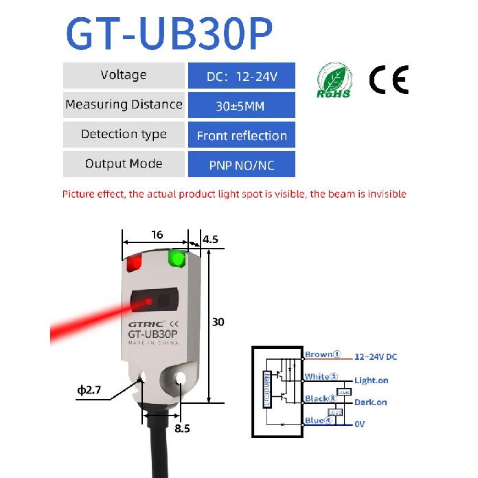 GTRIC Photoelectric Sensor Switch Mini Ultra-thin Diffuse Reflective IP67 Stainless Steel Corrosion Resistant 12-24V DC NPN PNP