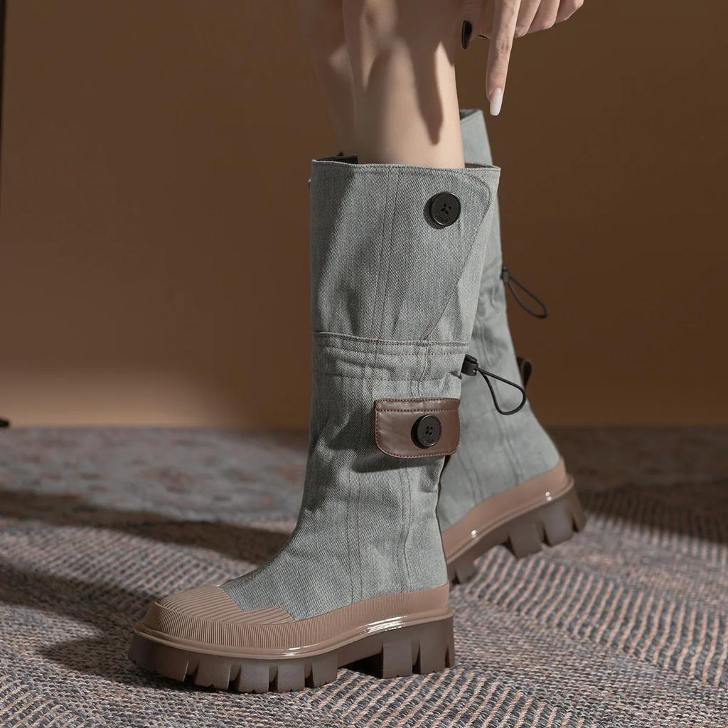 Fashion Autumn Mid Calf Denim Boots Women Retro Chunky Platform Long Boots Woman Slip On Thick Heels Cargo Boots Pocket Decor