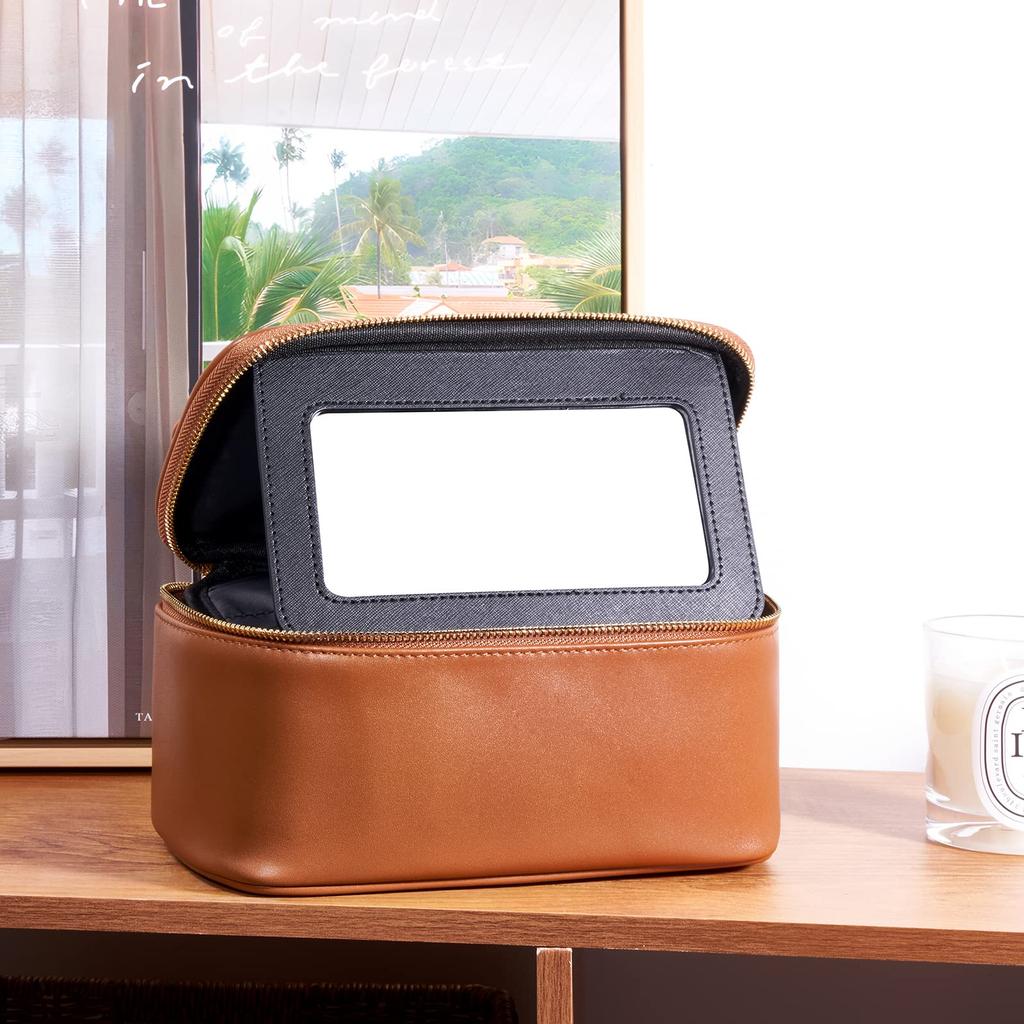 Rownyeon Large Capacity Makeup with Vanity with Brush for Makeup Tools Pouch, Portable, Divided, Mirror, Pouch, Pocket, Travel-Friendly, Waterproof,