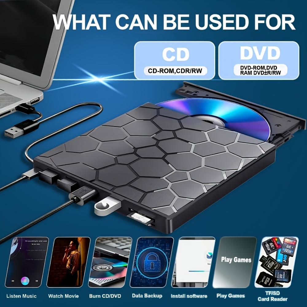 Многофункциональный внешний оптический привод DVD-рекордера 7-в-1 USB3.0 может быть подключен к внешнему U-диску и может быть вставлен в карту для расширения