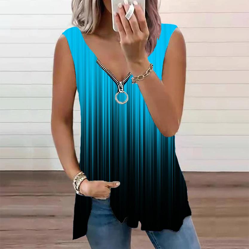 Женский топ, летний новый модный синий топ в вертикальную полоску с принтом, повседневный топ без рукавов на молнии с v-образным вырезом, майка на бретелях