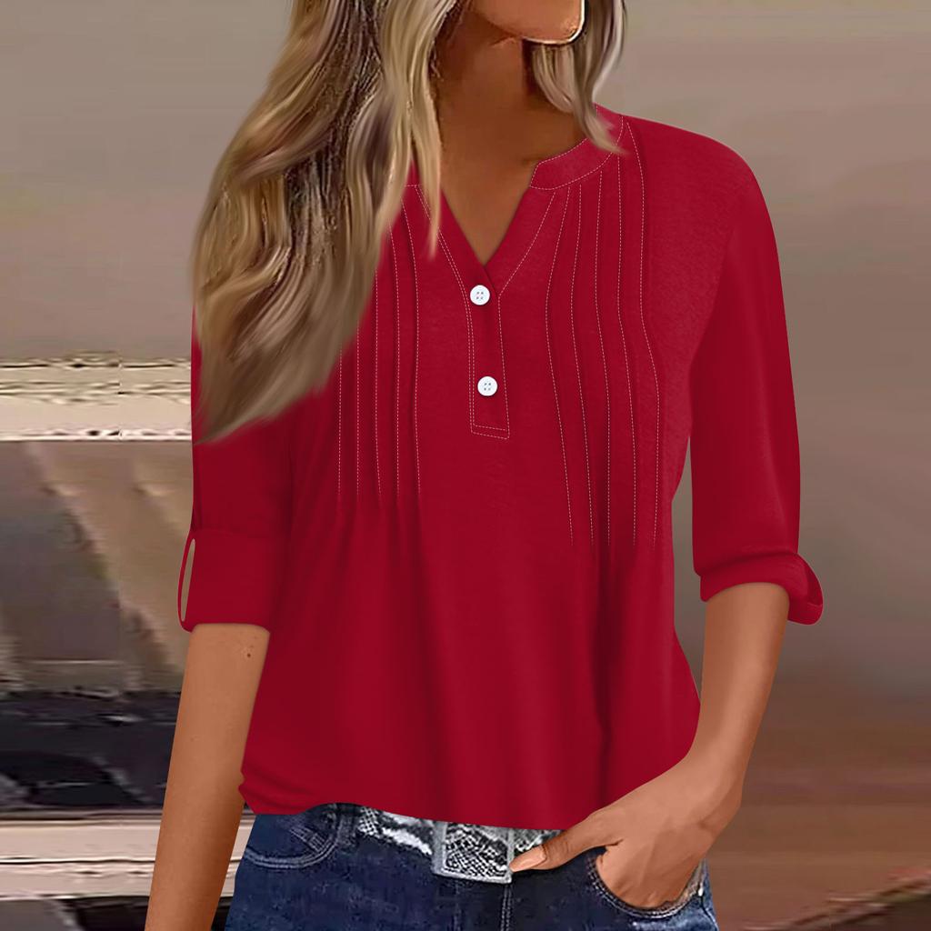 Women's Fashion Casual Solid Colour V-Neck Long Sleeve Button Down T-Shirt Top