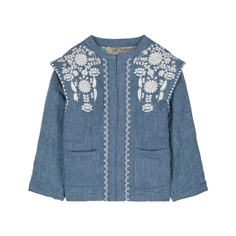 Floral Embroidery Women Jacket Blue Cardigan Warm Women's Winter Jackets Pockets High Street Outerwears Female New In Coats