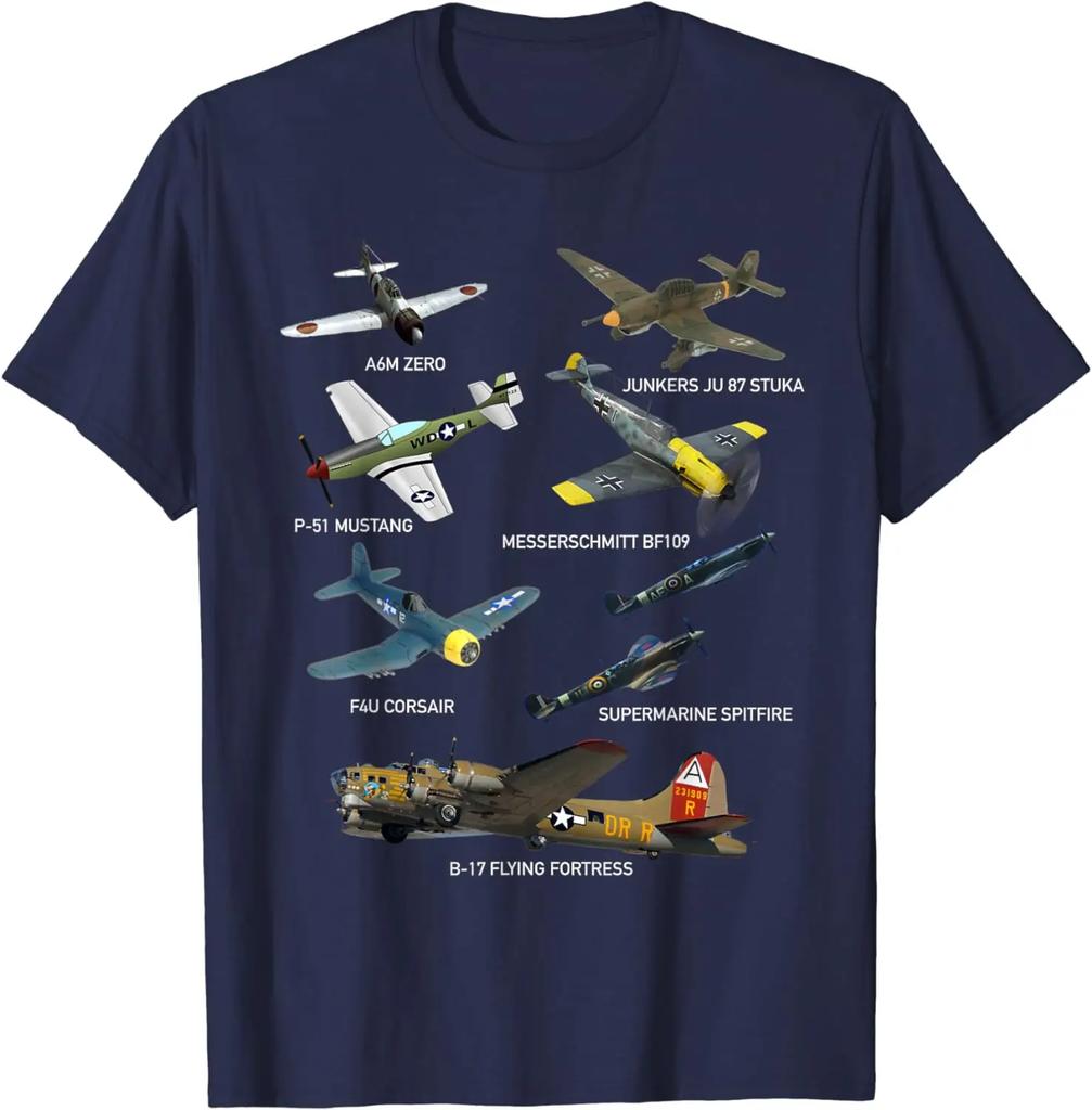 WW2 Planes Warbirds P51 Mustang Spitfire Messerschmitt T-Shirt Short Sleeve Casual Cotton O-Neck T Shirts