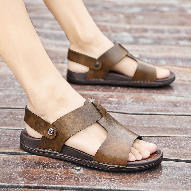 Модные летние новые сандалии, модные универсальные мужские сандалии из натуральной кожи для мужчин, мокасины с круглым носком, легкие удобные пляжные туфли на плоской подошве