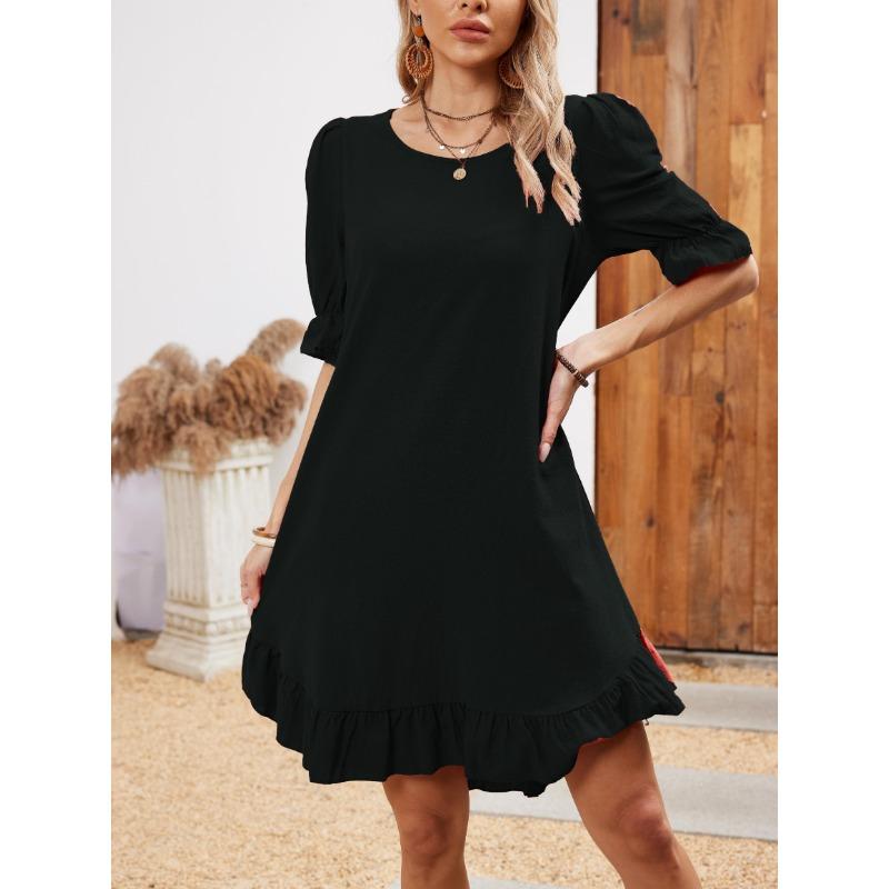 Solid Color Half Sleeve Dress, Casual Crew Neck Dress For Spring, Women's Clothing