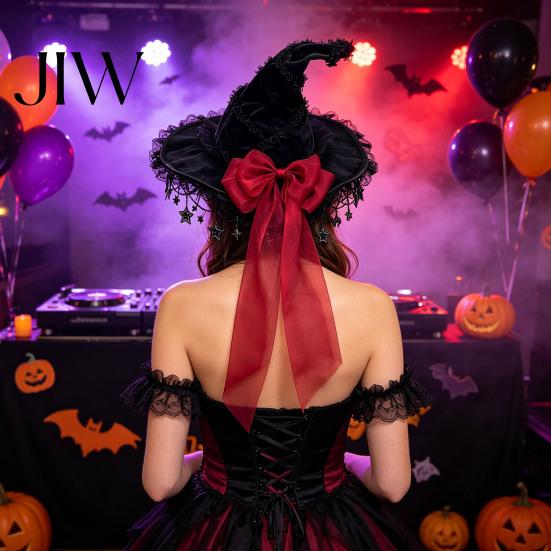 Аксессуары для костюма в стиле Dark Lolita, Готическая шляпа-ведьма для женщин, Стильный аксессуар для Хэллоуина, Легкие essentials для вечеринки с кружевом и бантом, Регулируемая
