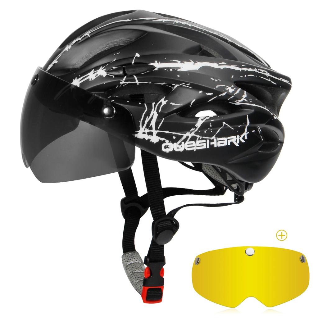 Queshark Ultralight Cycling Helmet with Goggles Bicycle Safety Cap Motorcycle Riding MTB Road Bike Helmet+Removable Yellow/Colorful Lens