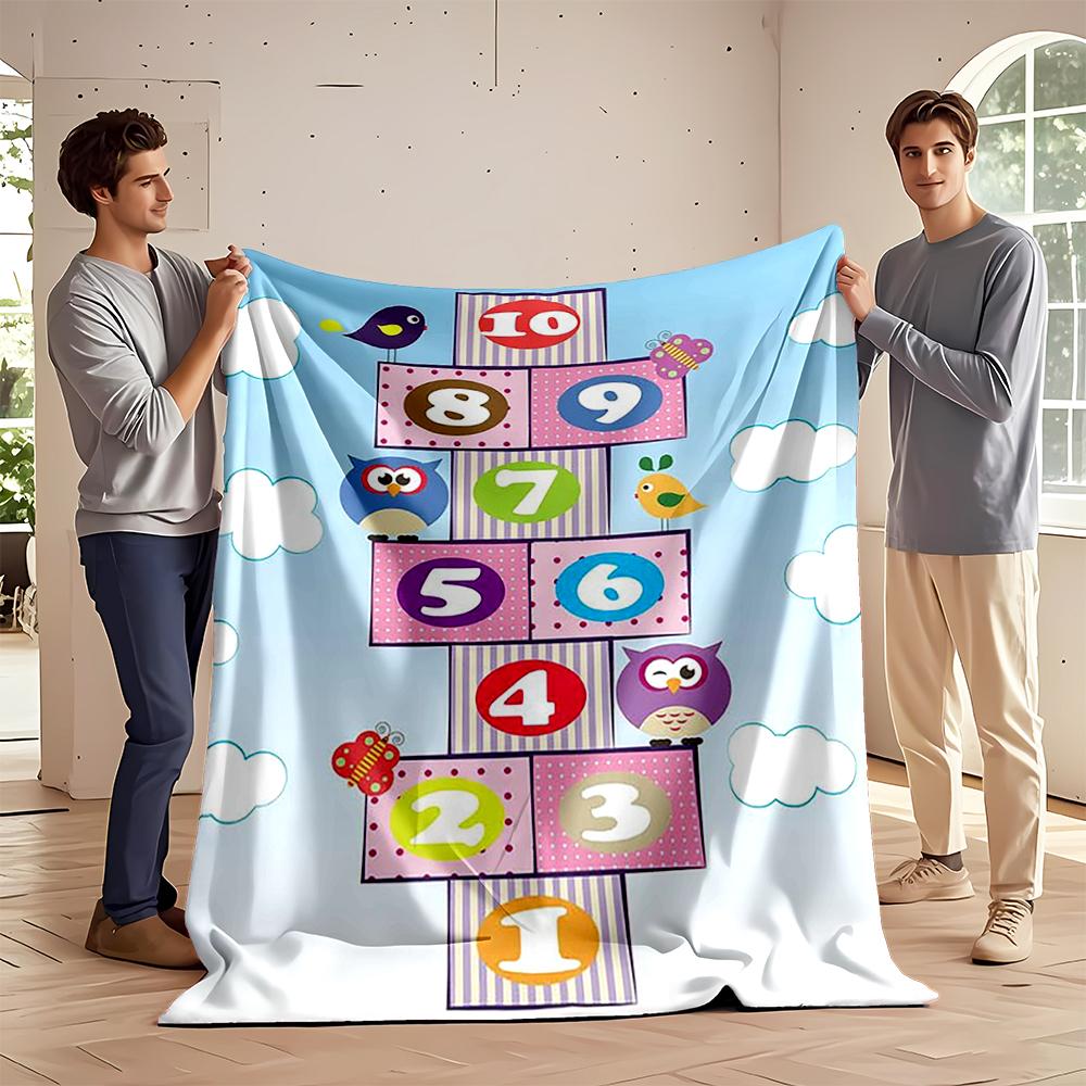 Cute Owl and Numbers Hopscotch Design Flannel Blanket for bedroom, living room, sofa, and nap sofas.