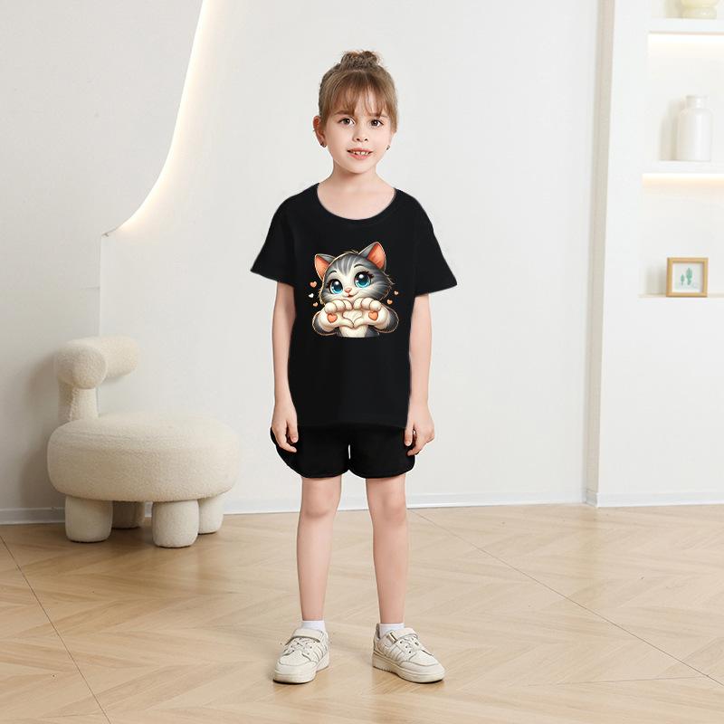 Children's casual short-sleeved t-shirt - Summer Boys' and Girls' Casual Cute Cat T-shirt