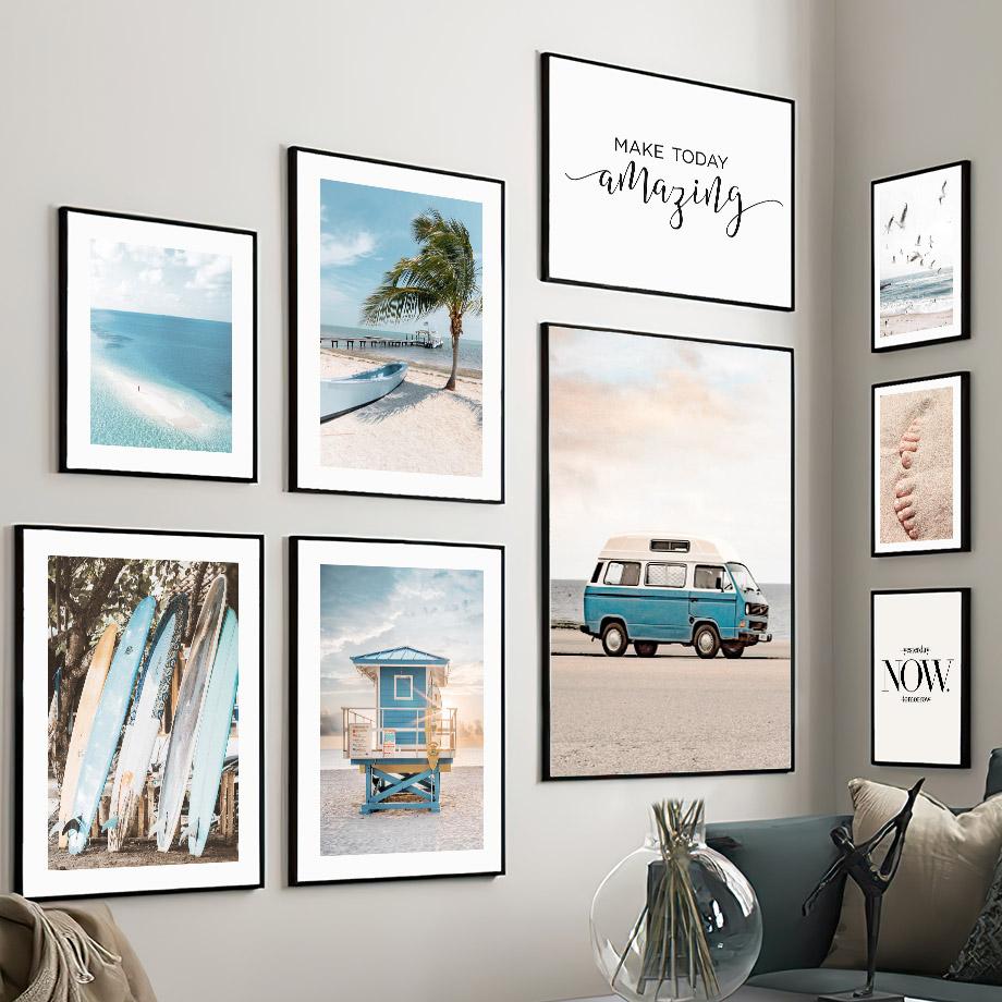 Автомобиль Чайка Шале Кокосовая Пальма Пляжный Пейзаж Настенная Картина на Холсте Плакат на скандинавскую тему и принты Настенная картина Декор в гостиную