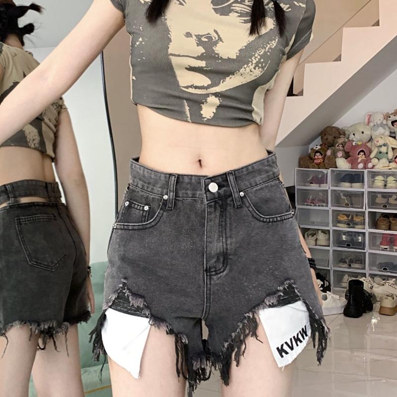Retro Black and Gray Denim Shorts for Women Pure Ripped Wide-leg Pants