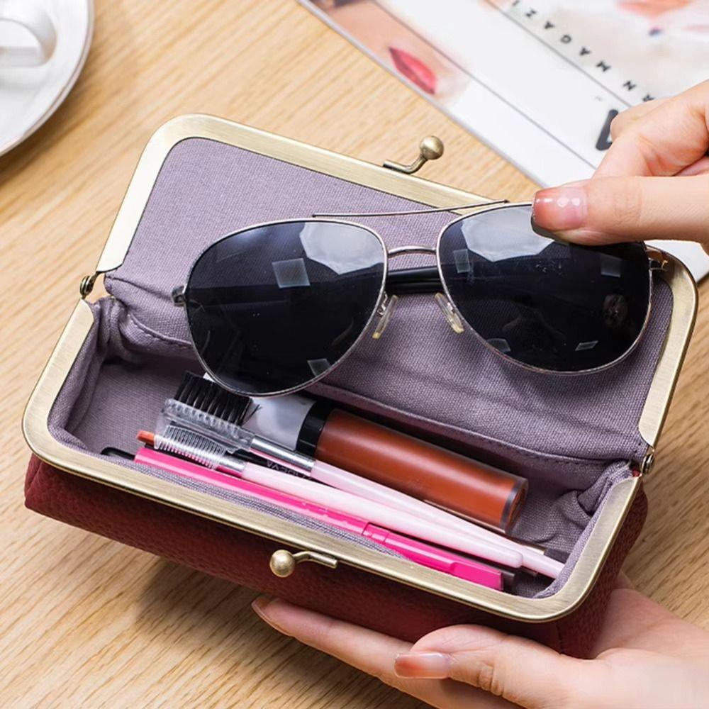 Automatic Closing Glasses Boxes Holder Genuine Leather Eyebrow Pencil Case for Students