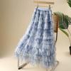2025 Summer Women Skirts Vintage Elastic Pleated Elegant Long Skirts New Lace Blue High Waist