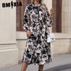 Autumn Print Dress Lace Patchwork Long-sleeved Mid-length Skirt