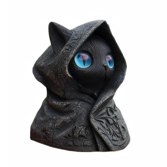 Hooded Cat Statue Resin Mysterious Black Cat Figurine Gothic Tabletop Mini Cat Sculpture Halloween Decoration Gift for Cat Lovers