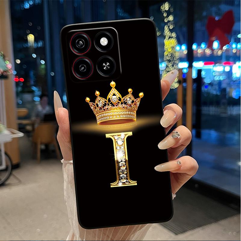 Cool Lucky A-Z Letter Phone Case For ZTE Blade A35/A55 Soft Silicone Black Case Shockproof Luxurious Glitter Crown Shell