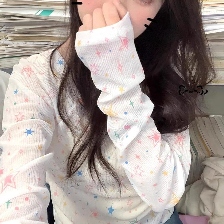 Star Design Sun Protection Cover-Up Printed Long-Sleeve T-Shirt Slim-Fit One-Shoulder Summer Figure-Flattering Spicy Girl Sunscreen Top