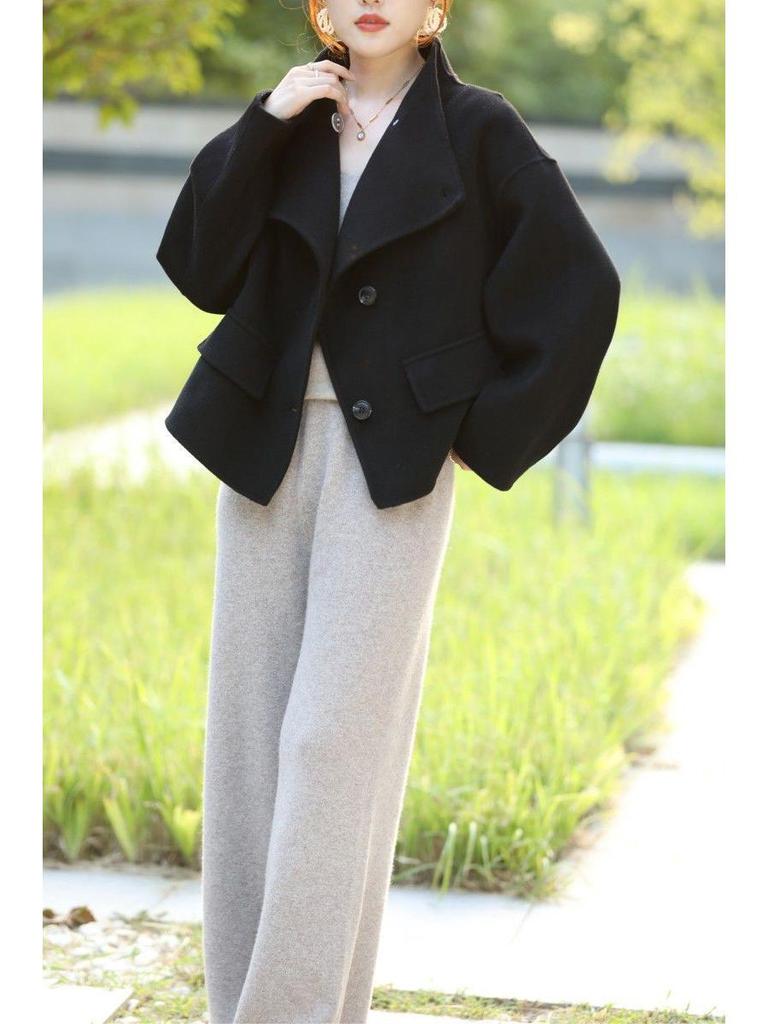 Women's Petite Double-Faced Cashmere Coat - Short Stand Collar, Pure Wool, Loose Slimming Fit for Autumn/Winter