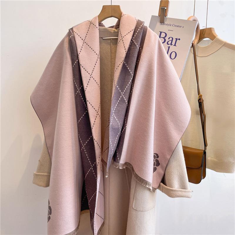 New Versatile Imitation Cashmere Scarf Women's Winter Plaid Flower Long Shawl Student Scarf Thickened Scarf