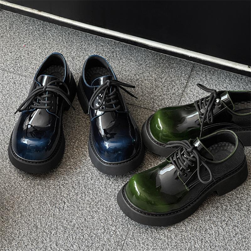 Кожаная обувь с круглым носком для мужчин и женщин, обувь с большой головой Микки, повседневная обувь на увеличение роста, британский стиль, для пары 9522, меняющая цвет: зеленый, синий -J