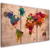 Three Piece Picture Canvas Print Coloured World Map