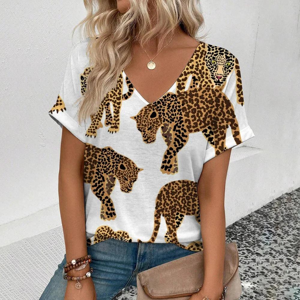 Summer Clothing V-neck Sexy Leopard 3D Print T-shirt Animal Pattern Women's Shirt Short Sleeve Street T-shirt