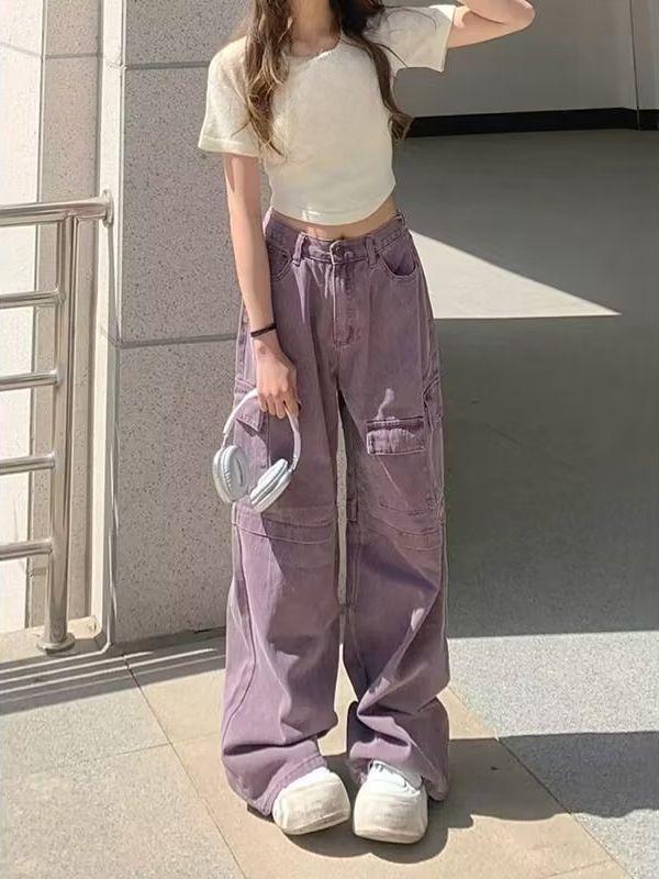 Женские фиолетовые джинсы с высокой талией и широкими штанинами в стиле ретро — модная рабочая одежда весна/лето