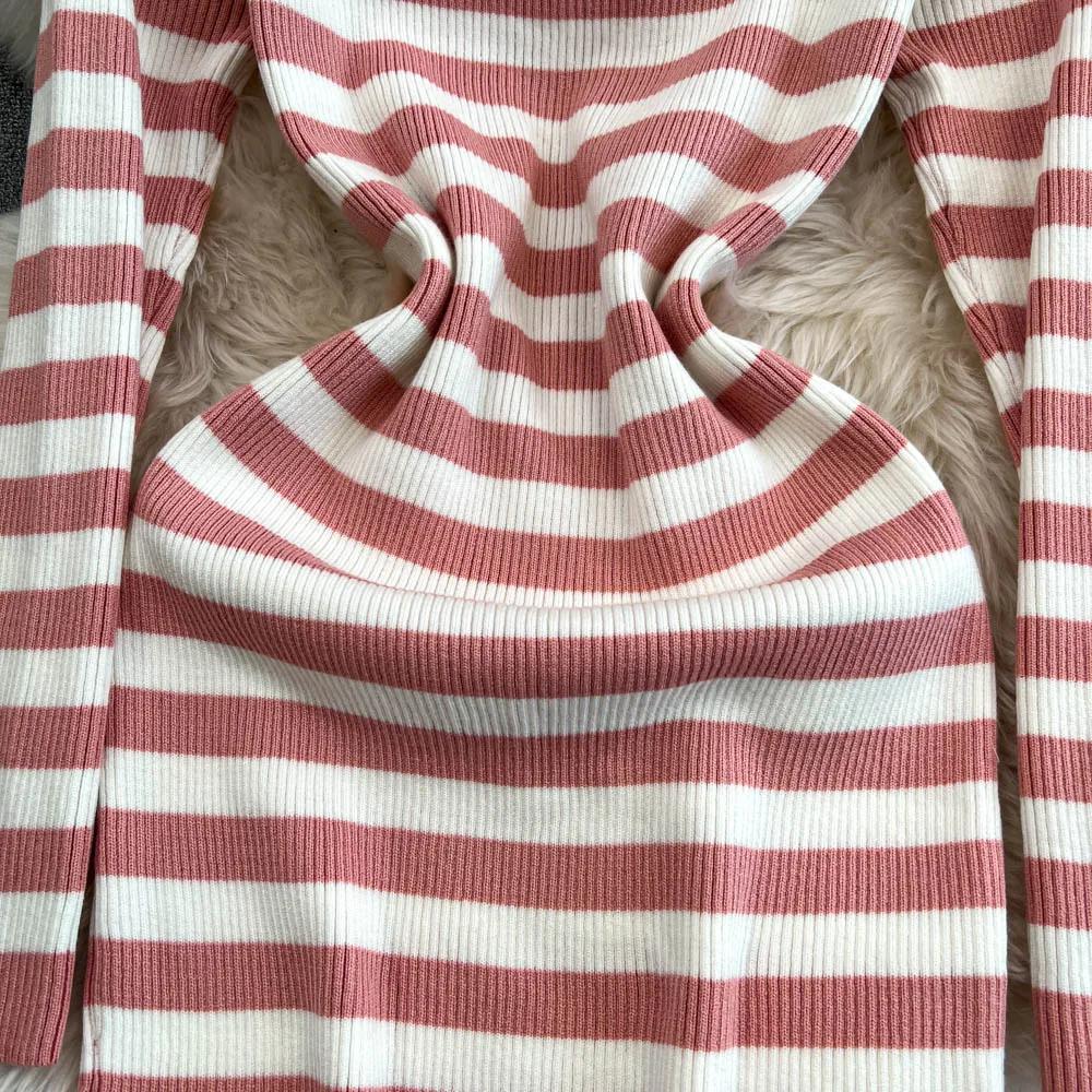 Платье-футляр с открытыми плечами Falda Sexy Mujer Slash Neck Striped Color Block Slim Knitted Bodycon Dress Autumn Wrapped Dresses ChicDresses