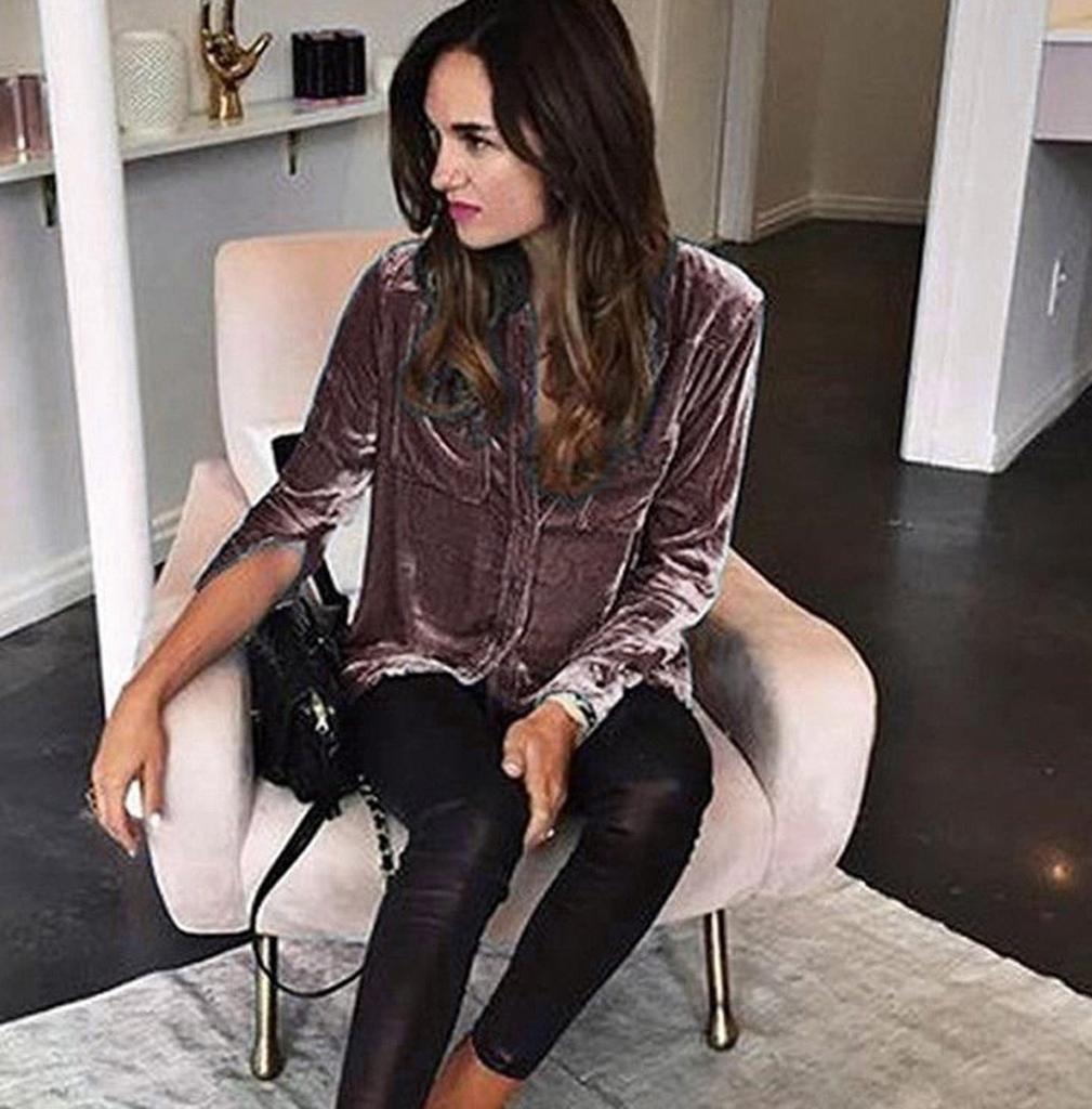 Женская зимняя мода бархатная повседневная рубашка с длинным рукавом и карманом на пуговицах