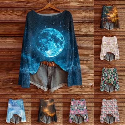 Женский модный повседневный трикотажный свитер с длинным рукавом и рождественским принтом, круглый вырез