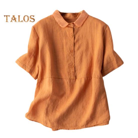 Женская повседневная рубашка с кукольным воротником и пуговицами, рубашка с коротким рукавом и однобортной однобортной однотонной рубашкой свободного покроя