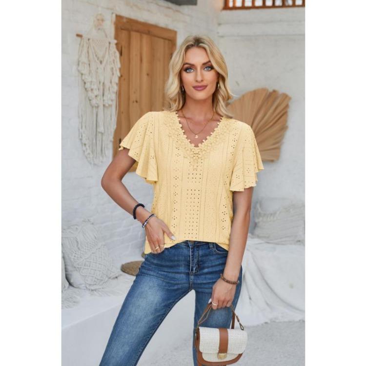 New Fashion Women's Lace V-neck Loose T-shirt Solid Color Ruffled Sleeves Spring Summer