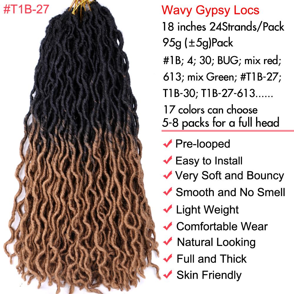18 Inch Goddess Faux locs Crochet Hair 1- 6 Packs Soft Gypsy Locs Wavy Crochet Braids Dreadlocks 3 Tone Curly Wavy Twists Hair