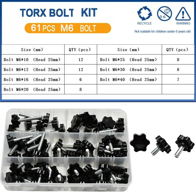 Hand Knob Screws Bolt kit M5 M6 M8 Plum Handle Six-star Glue Star Shape Head Thread Clamping Thumb Handle Machine Bolts Nut