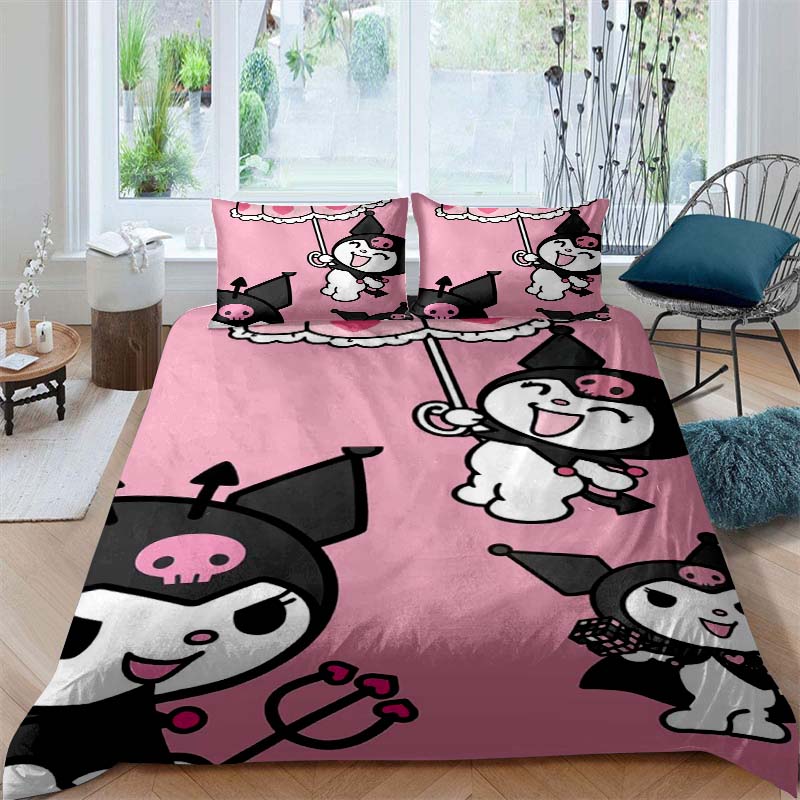 3D Printed Kuromi Cartoon Three-piece Bedding Set, Duvet Cover Set, Includes Pillowcases, No Filling.