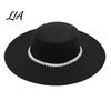 Luxury Faux Pearl Trimmed Hat Wide Brim Wool Felt for Women, Vintage Flat Top Fedora Wedding Guest Fashion with Trim, Elegant Winter Cap Autumn