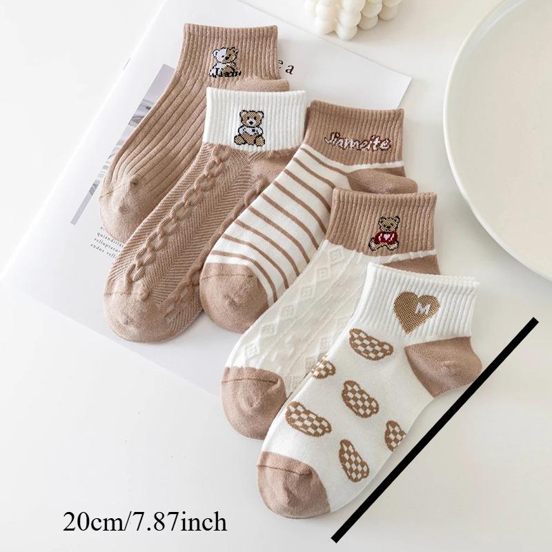 5 Pairs/Lot Socks Women's Short Ankle Low Cut No-Show Foot Cute Bear Hearts Print Cotton Breathable Set Casual Retro