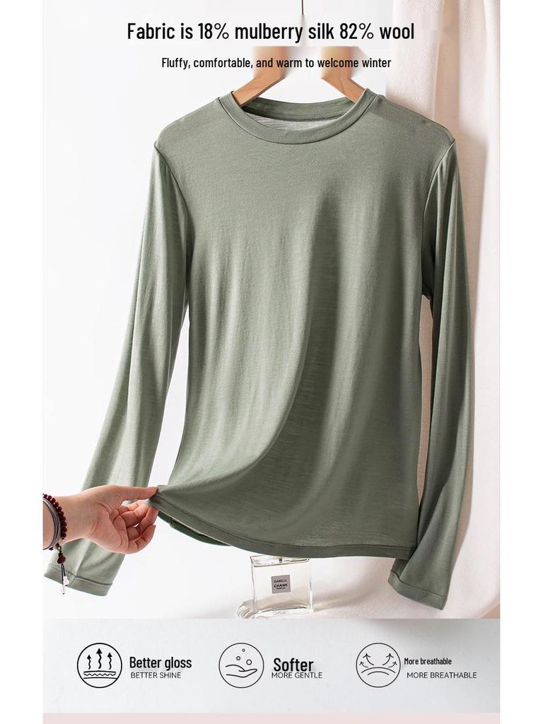 Осень 2025 Приталенная футболка с круглым вырезом из шелковой шерсти - Теплая, приятная к коже, однотонная